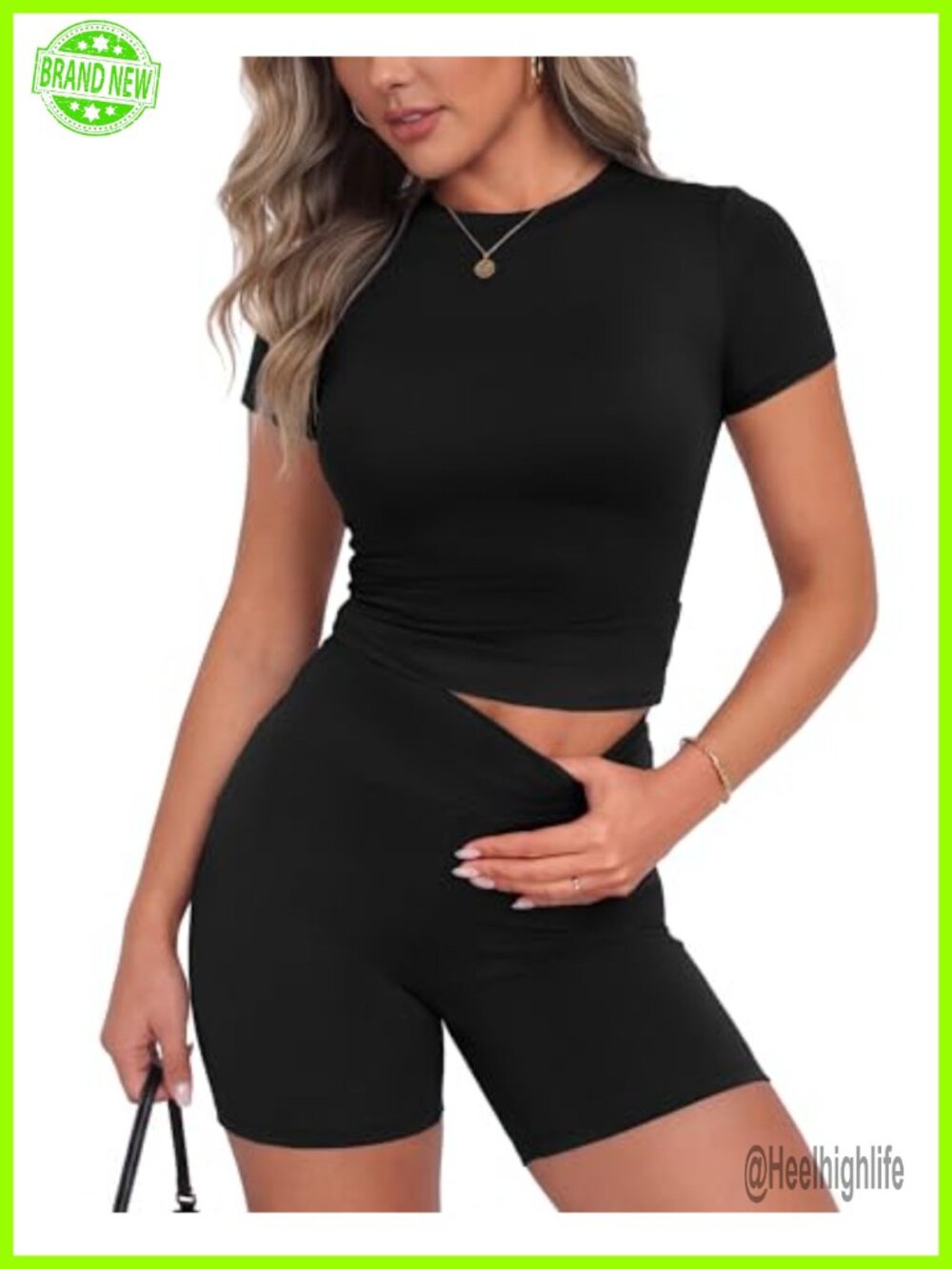 Two Piece Workout Set Short Sleeve Top High Waist Shorts Slim Fit